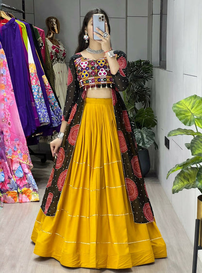 Yash Enterprise Mustard Black Rayon Cotton Embroidery Semi Stitched Navratri Chaniya Choli