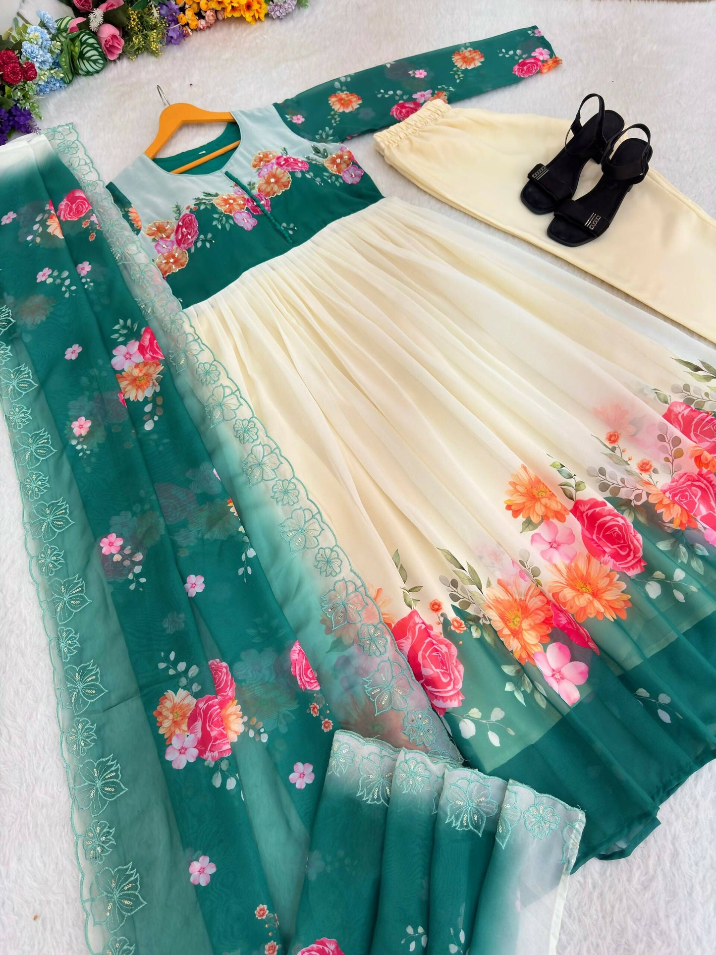 Teeya Creation Womens New Fancy Fox Georgette Heavy Quality Fabric With Handwork Teal Gown Set