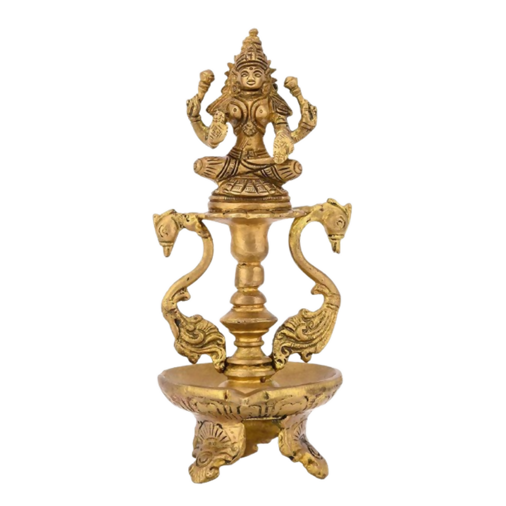 CraftVatika Brass Antique Laxmi Diya Oil Lamp Statue Lakshmi Peacock Puja Dia Table Diya Brass Table Diya