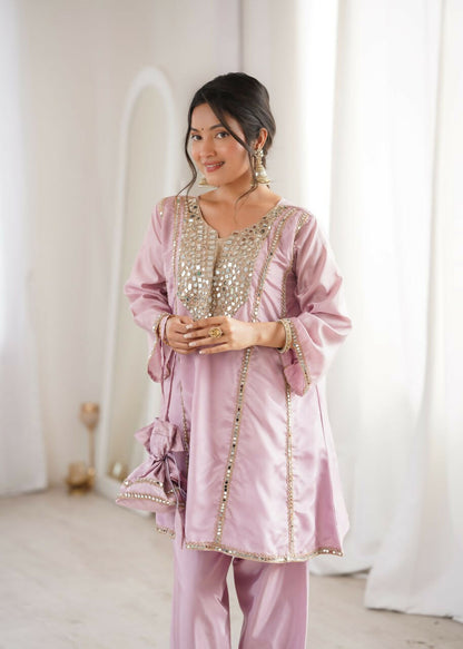 Teeya Creation Womens New Wedding Wear Pink Color With Mirror & Lace Work Kurta Pant Set