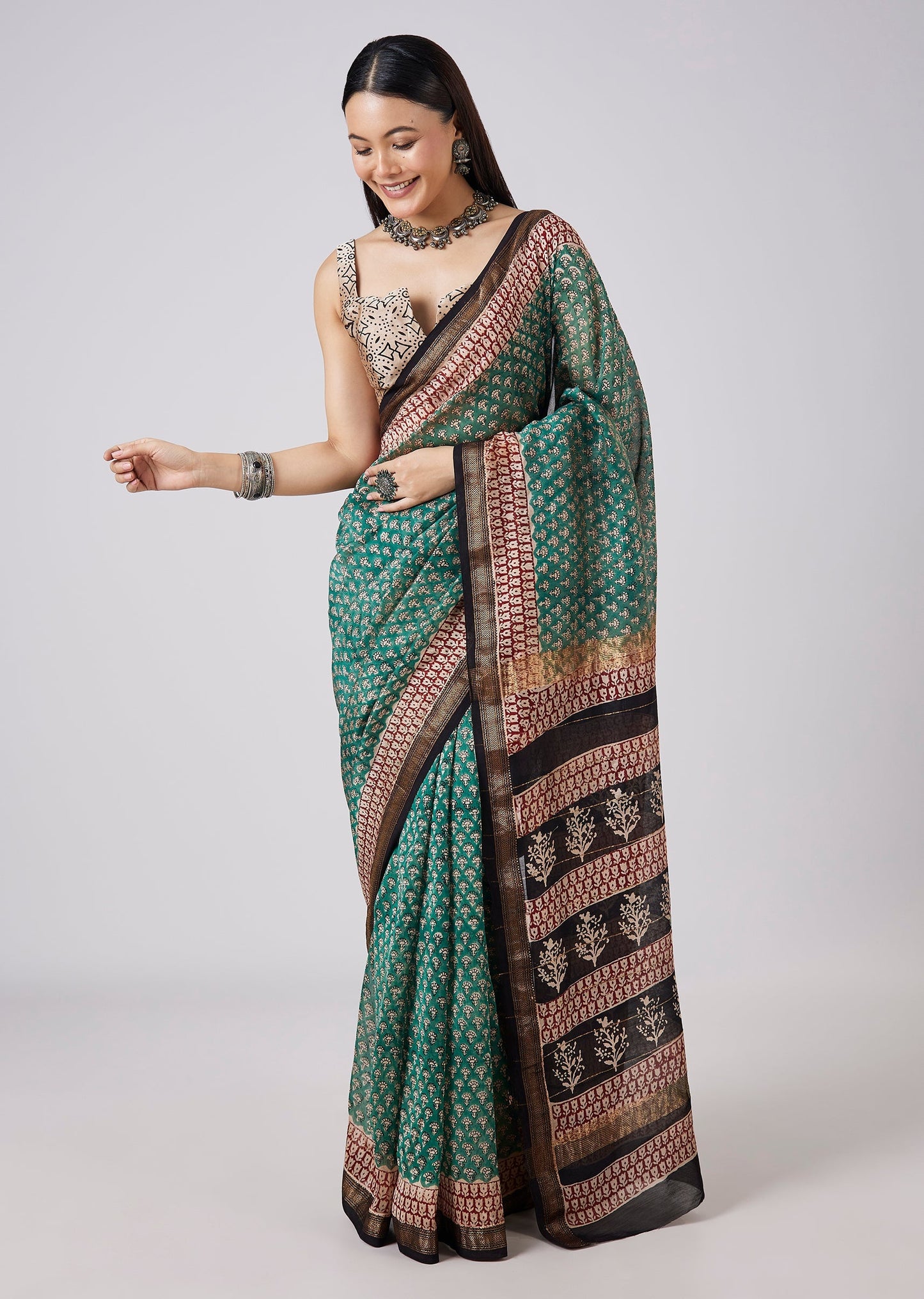 Sea Green Hand Painted Saree with Stitched Blouse