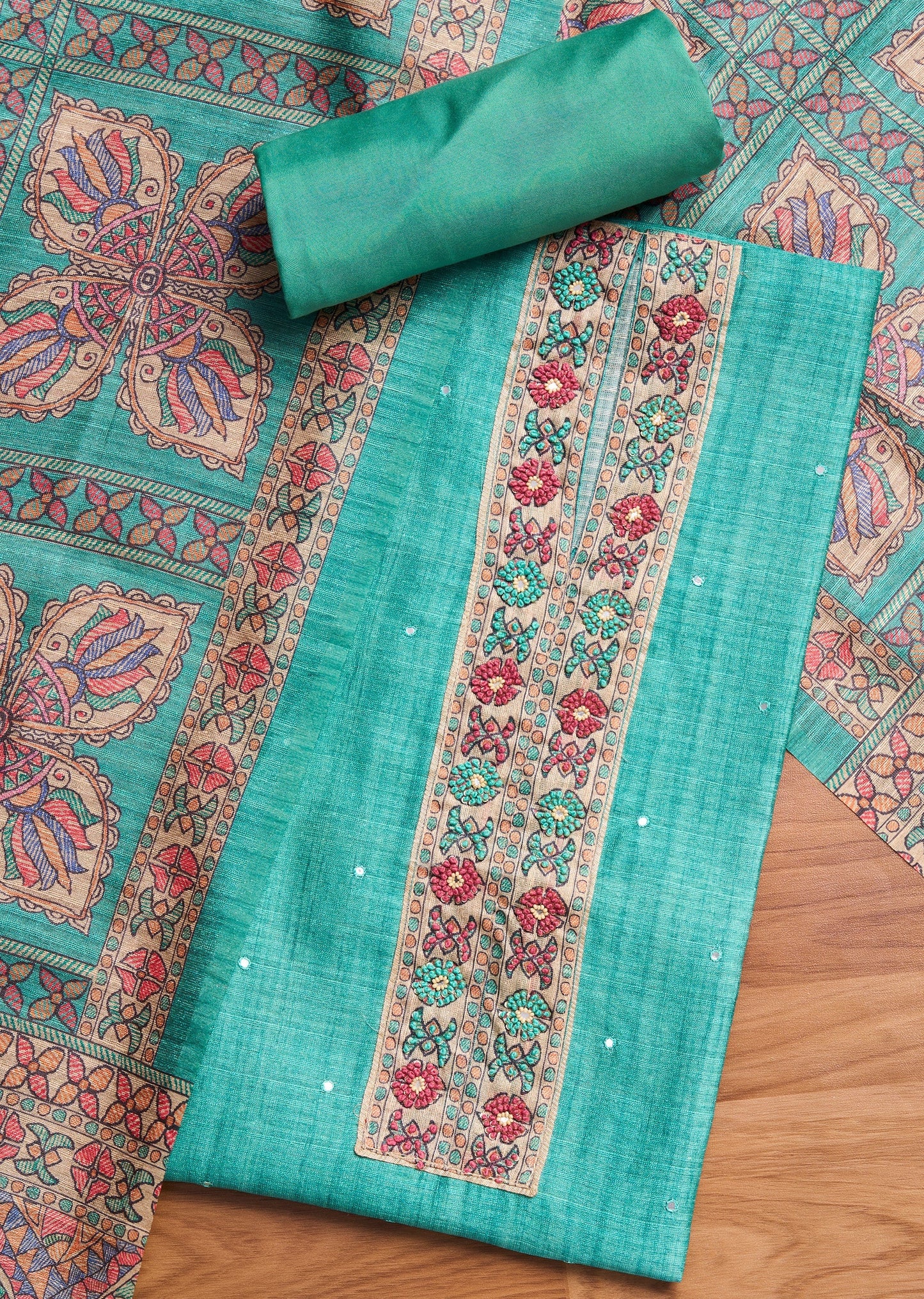 Sea Green Printed Crepe Unstitched Suit Set
