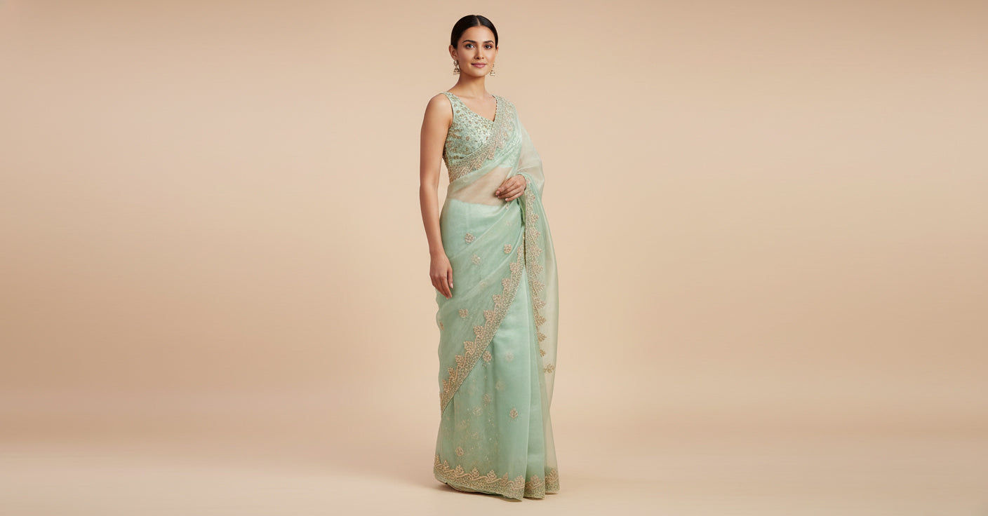 Sea Green Cool-Tone Embroidered Saree