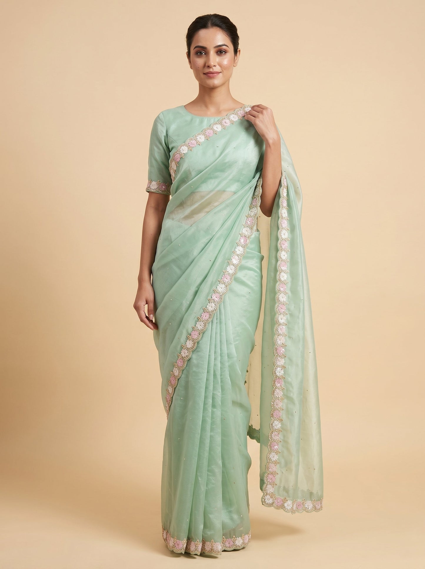 Sea Green Soft Glow Embroidered Saree