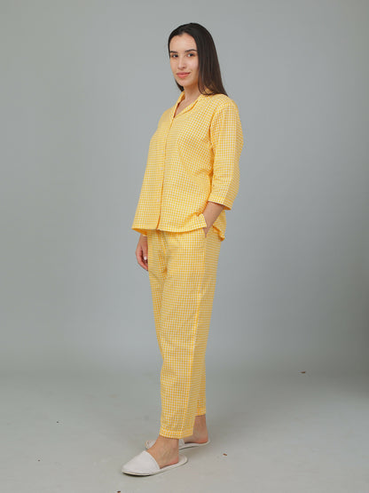 Breathables Women Cotton Checks Night Suit Shirt And Pants Co-Ord Set I Night Wear-Yellow