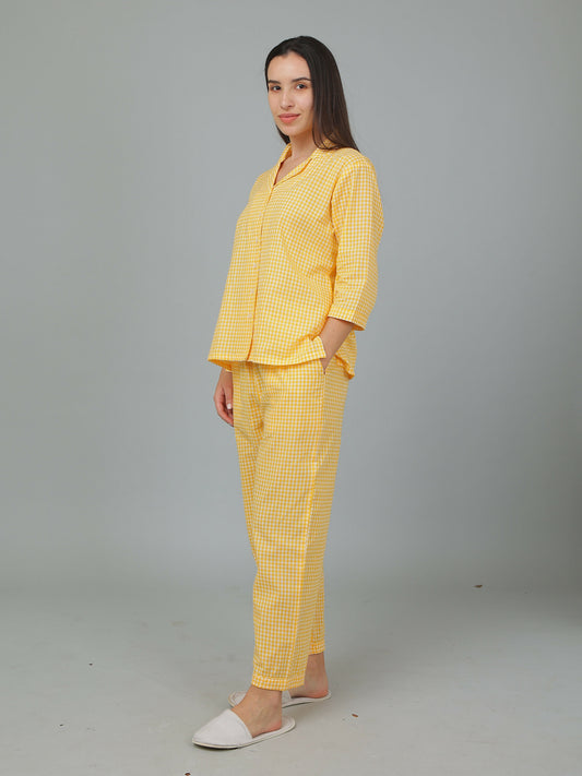 Breathables Women Cotton Checks Night Suit Shirt And Pants Co-Ord Set I Night Wear-Yellow