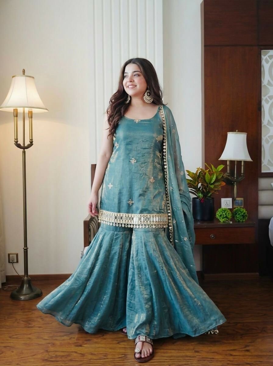 Teeya Creation Womens Trending Heavy Embroidery Sequence Work Kurta Sharara Set - Teal