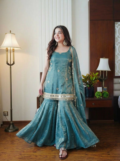 Teeya Creation Womens Trending Heavy Embroidery Sequence Work Kurta Sharara Set - Teal