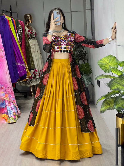 Yash Enterprise Mustard Black Rayon Cotton Embroidery Semi Stitched Navratri Chaniya Choli