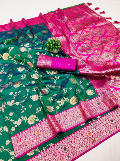 Mameraa Sarees Sea Green Soft Silk Blend Saree With Zari Weaving Meenakari Design-Sea_Green