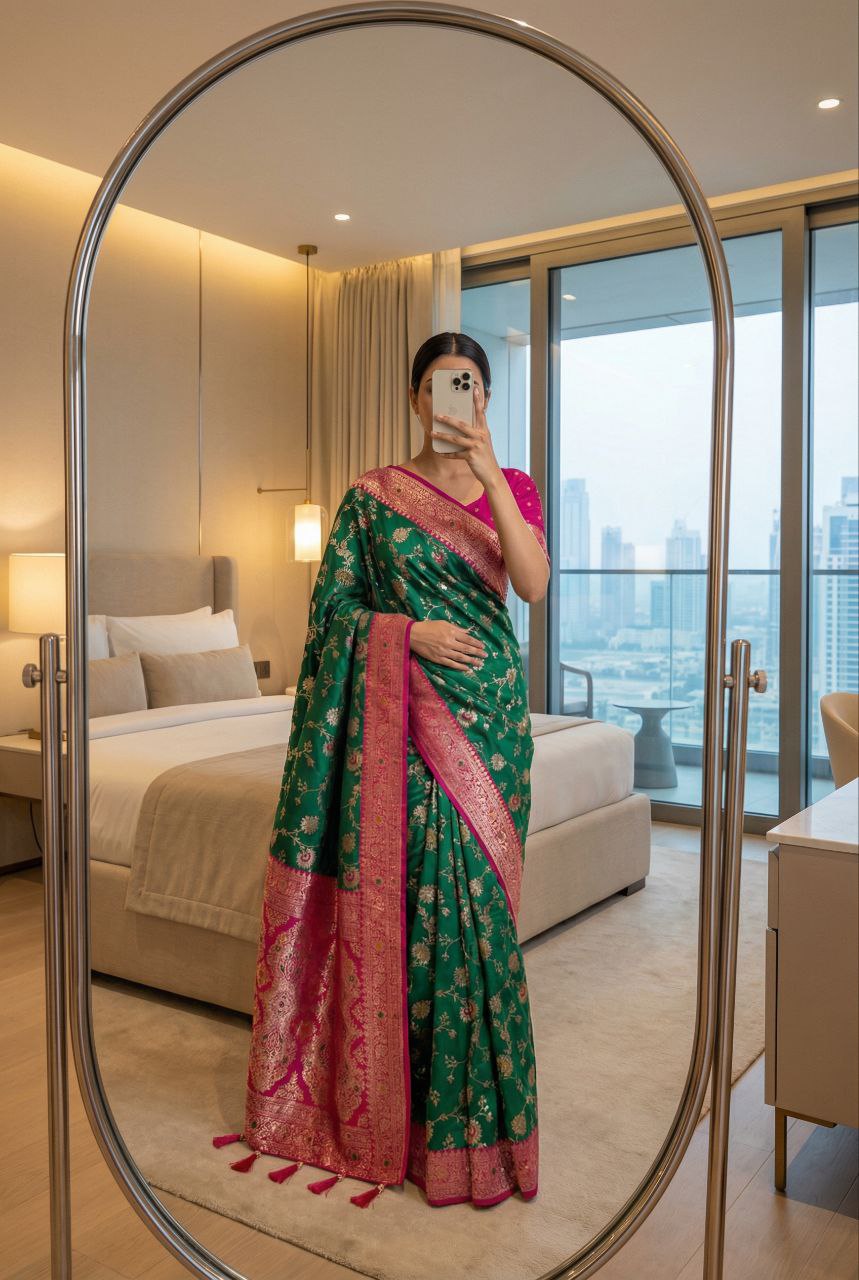 Mameraa Sarees Sea Green Soft Silk Blend Saree With Zari Weaving Meenakari Design-Sea_Green