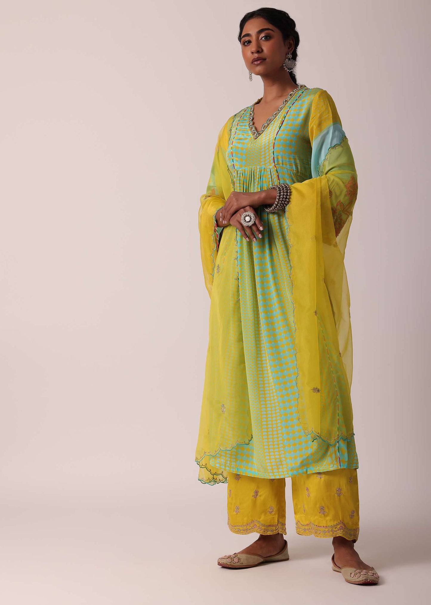 Yellow Silk Palazzo Set With Printed Kurta