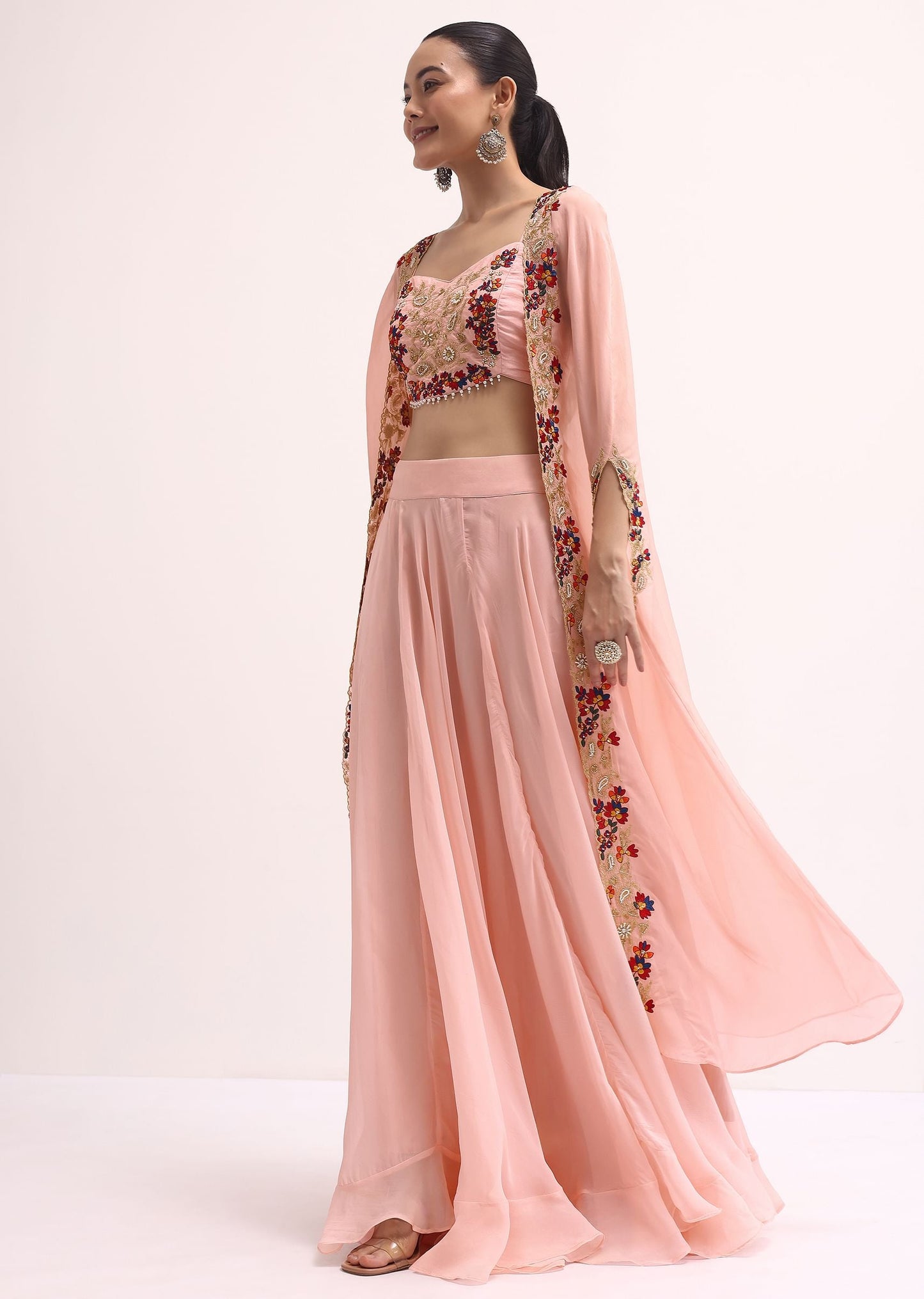 Pink Embroidered Crop Top And Skirt Set