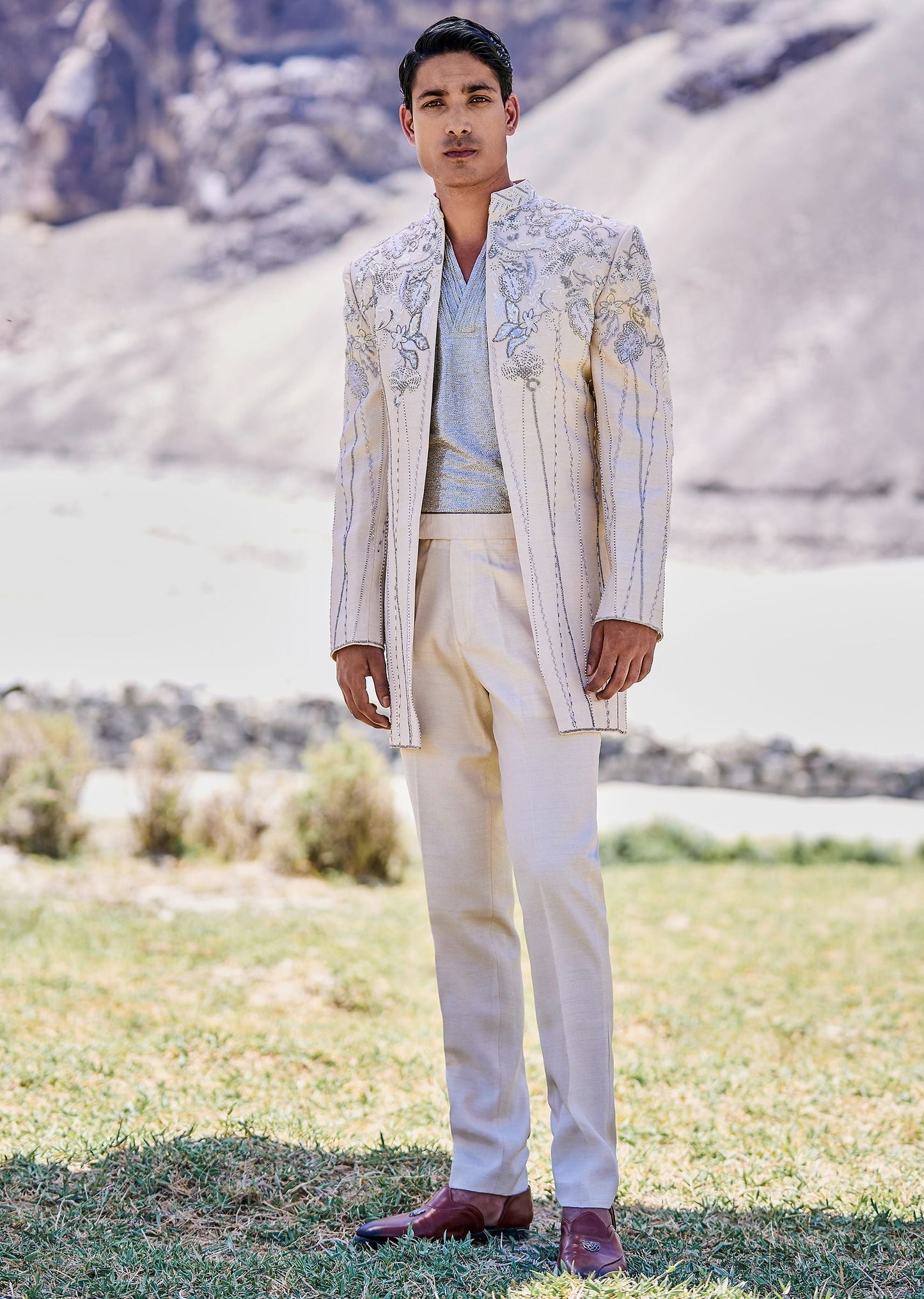 Off White Embroidered Jodhpuri With Shimmer Shirt