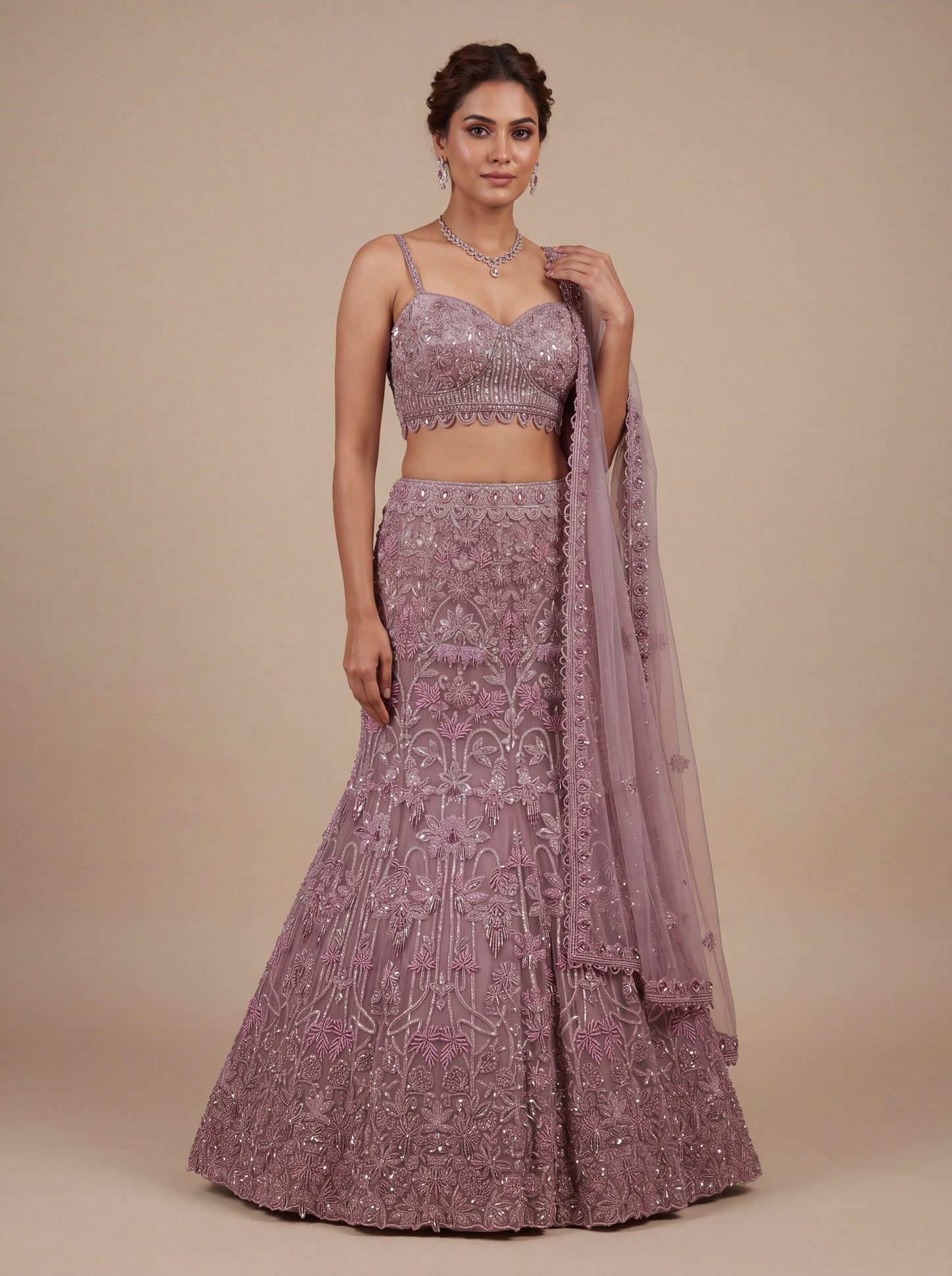 Wine Contemporary Bridal Lehenga With Embellished Mermaid Silhouette