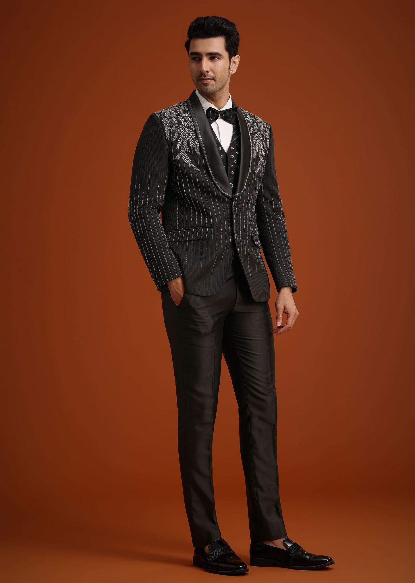 Black Rayon Tuxedo Set With Stone And Cutdana Work
