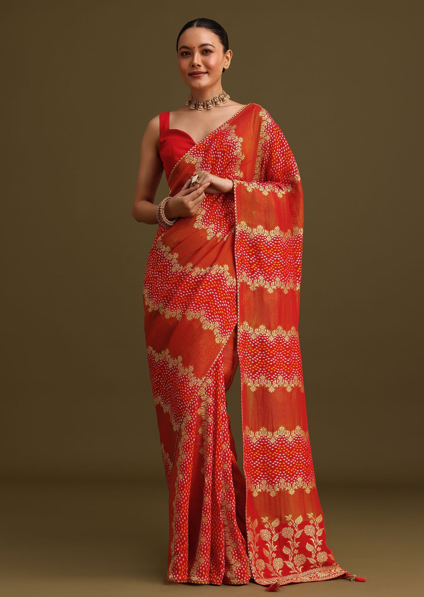 Red Khaddi Georgette Saree With Gotta Patti Border And Unstitched Blouse