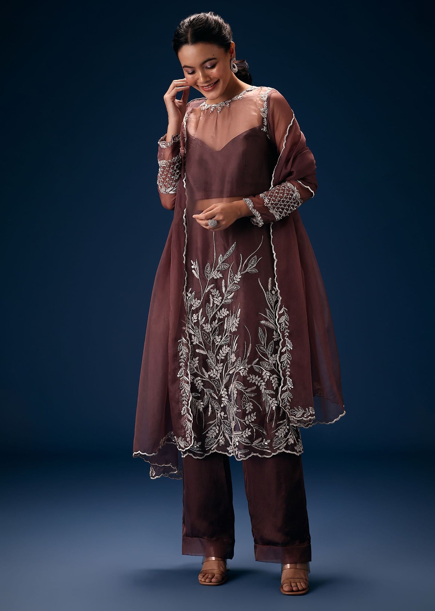 Embroidered Olive Sheer Kurta Set With Pants And Dupatta