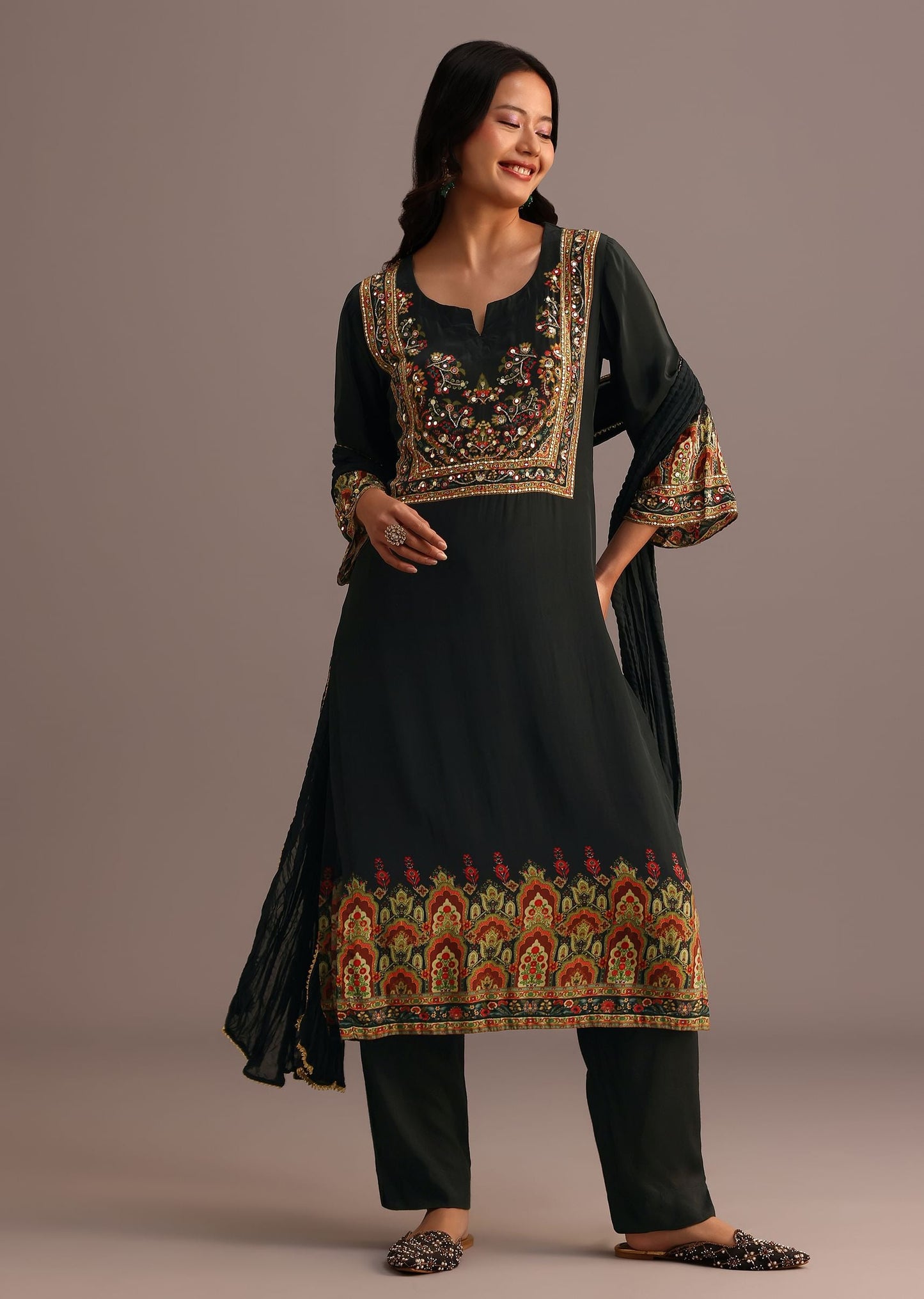 Deep Forest Green Printed Kurti Pant Set With Dupatta