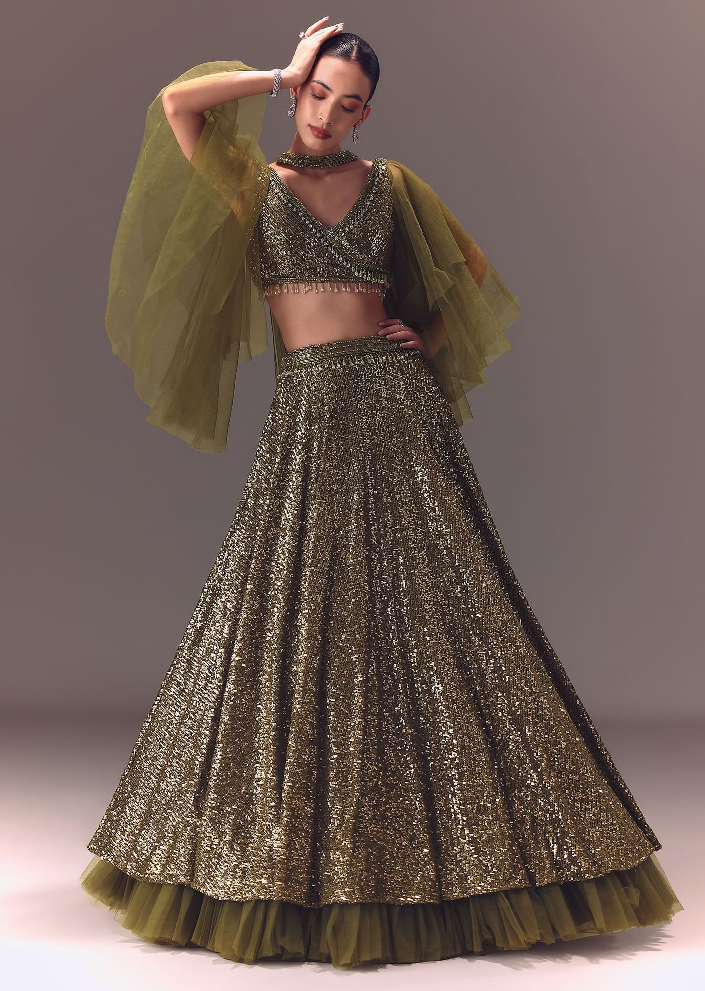 Green Sequin Frill Blouse With Lehenga And Choker Dupatta