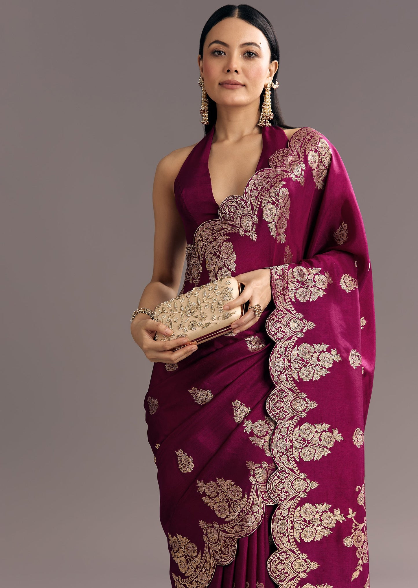 Wine Dola Silk Woven Motif Saree With Scallop Border