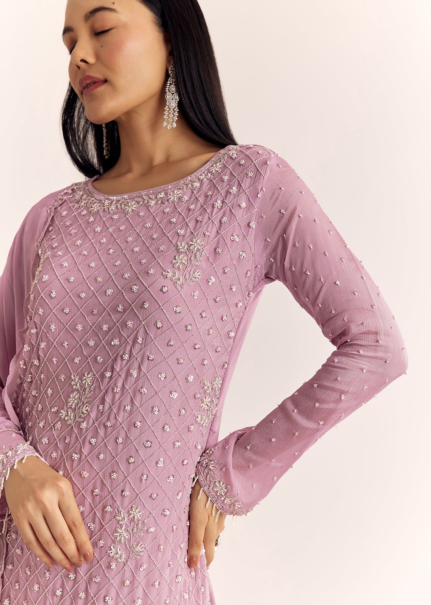 Lavender Chinon Sharara Suit With Cutdana Moti And Sequins