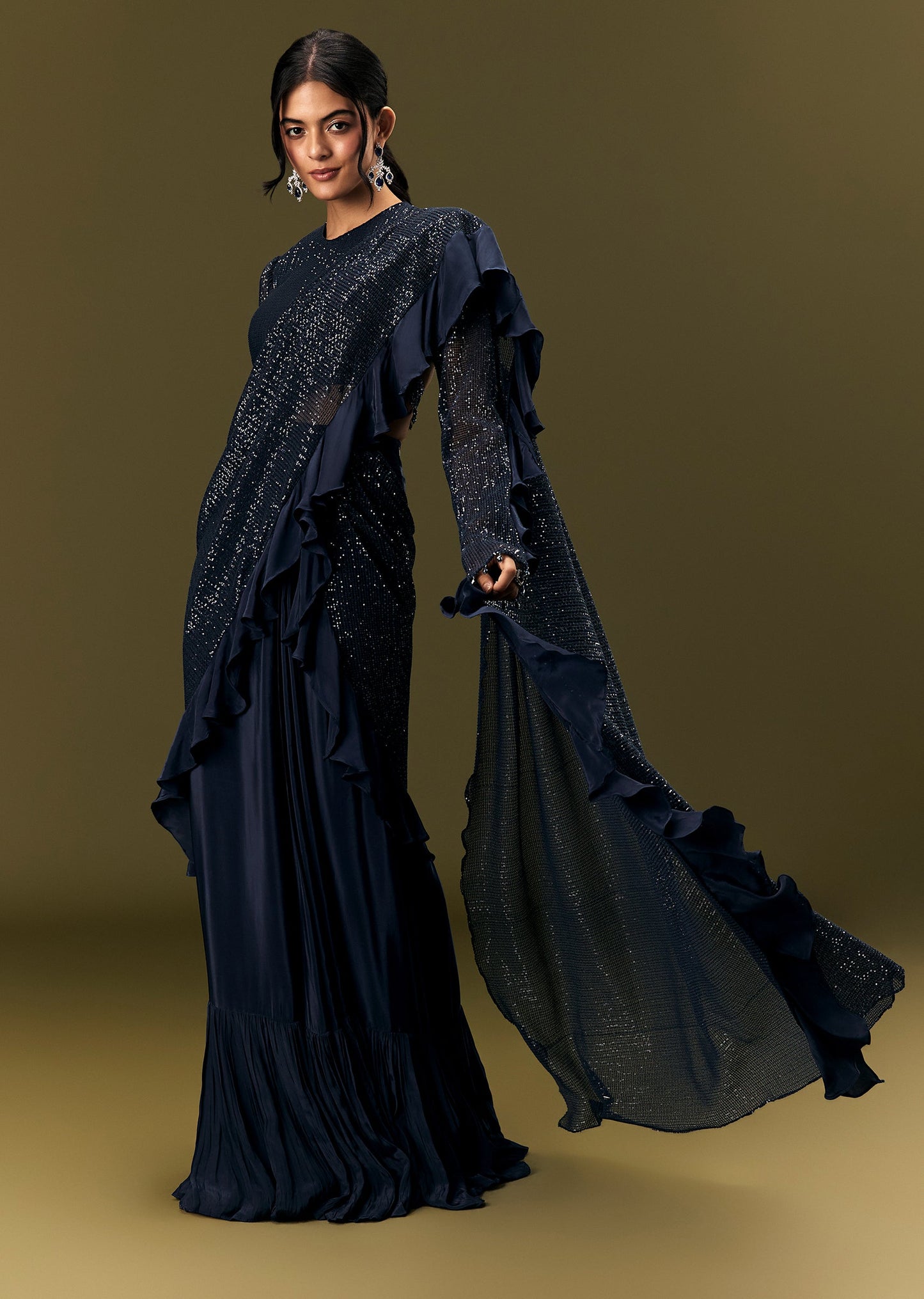 Navy Blue Crepe Ready Pleated Saree With Full Sleeve High Neck Blouse