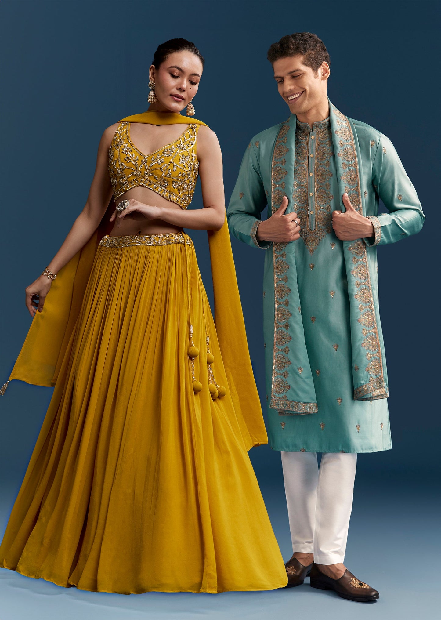 Sunshine Duo Couple Set – Yellow Georgette Bridesmaid Lehenga for Her And Blue Silk Thread Embroidered Kurta Set for Him