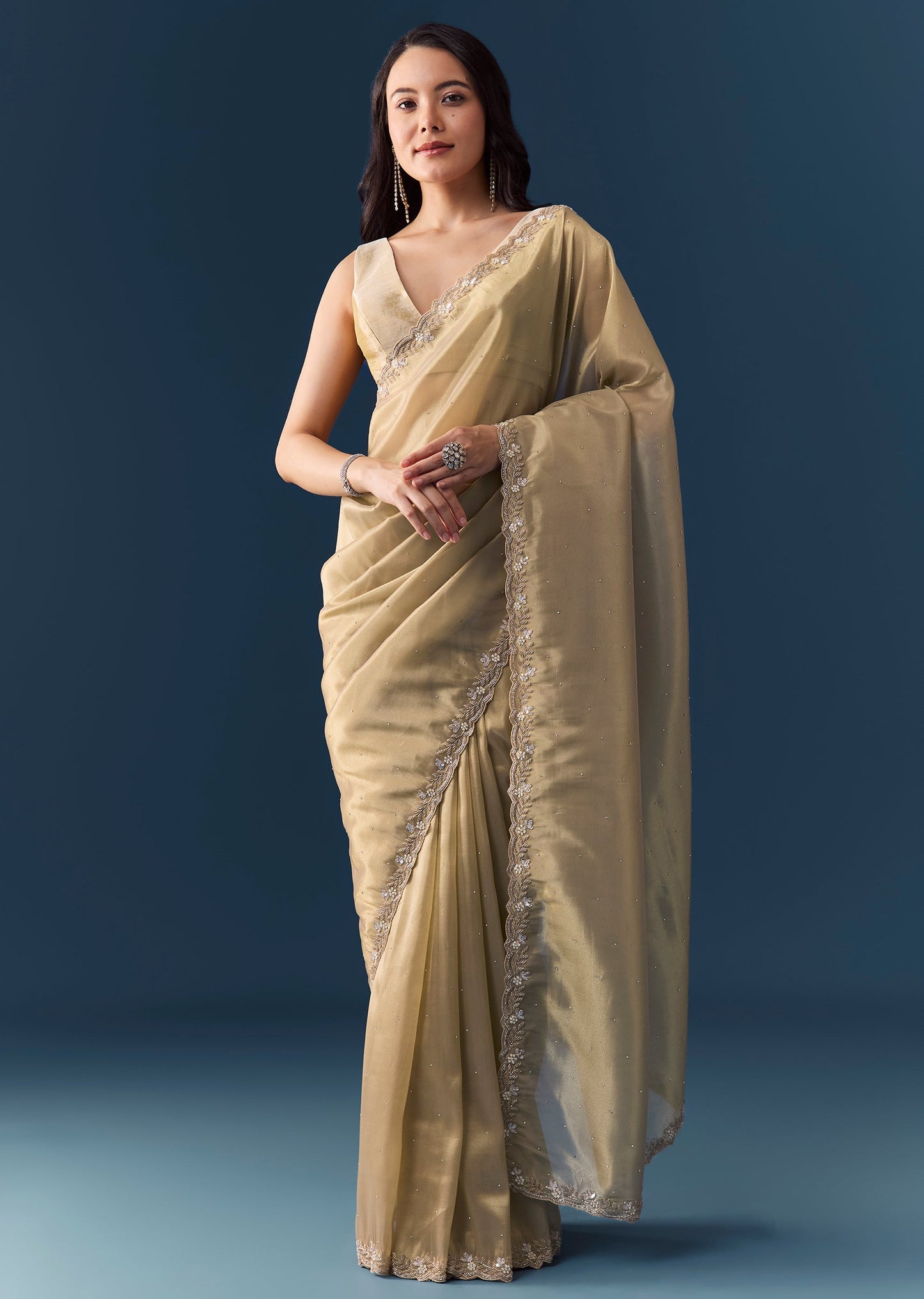 Beige Tissue Embellished Saree with Unstitched Blouse