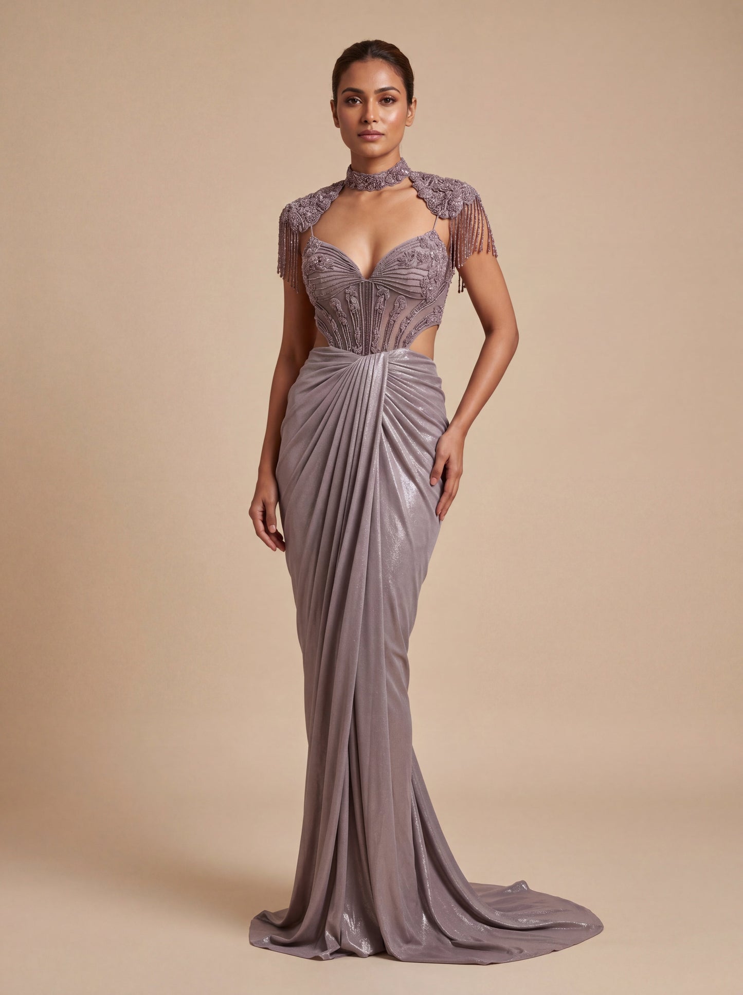 Grey Contemporary Bridal Gown With Sculpted Drape Elegance