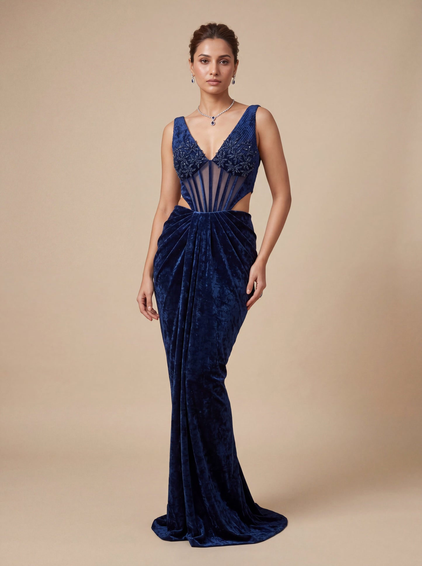 Navy Blue Contemporary Gown With Sculpted Fit Mermaid Flair