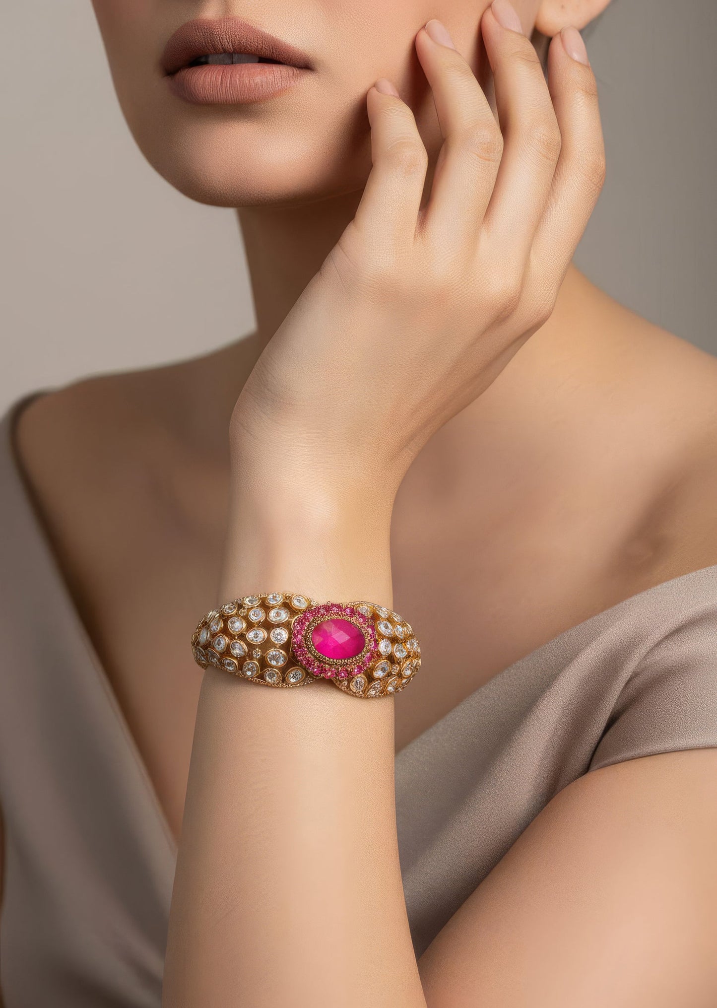 Gold Finish Ring In Kundan Polki With Semi Precious Stones