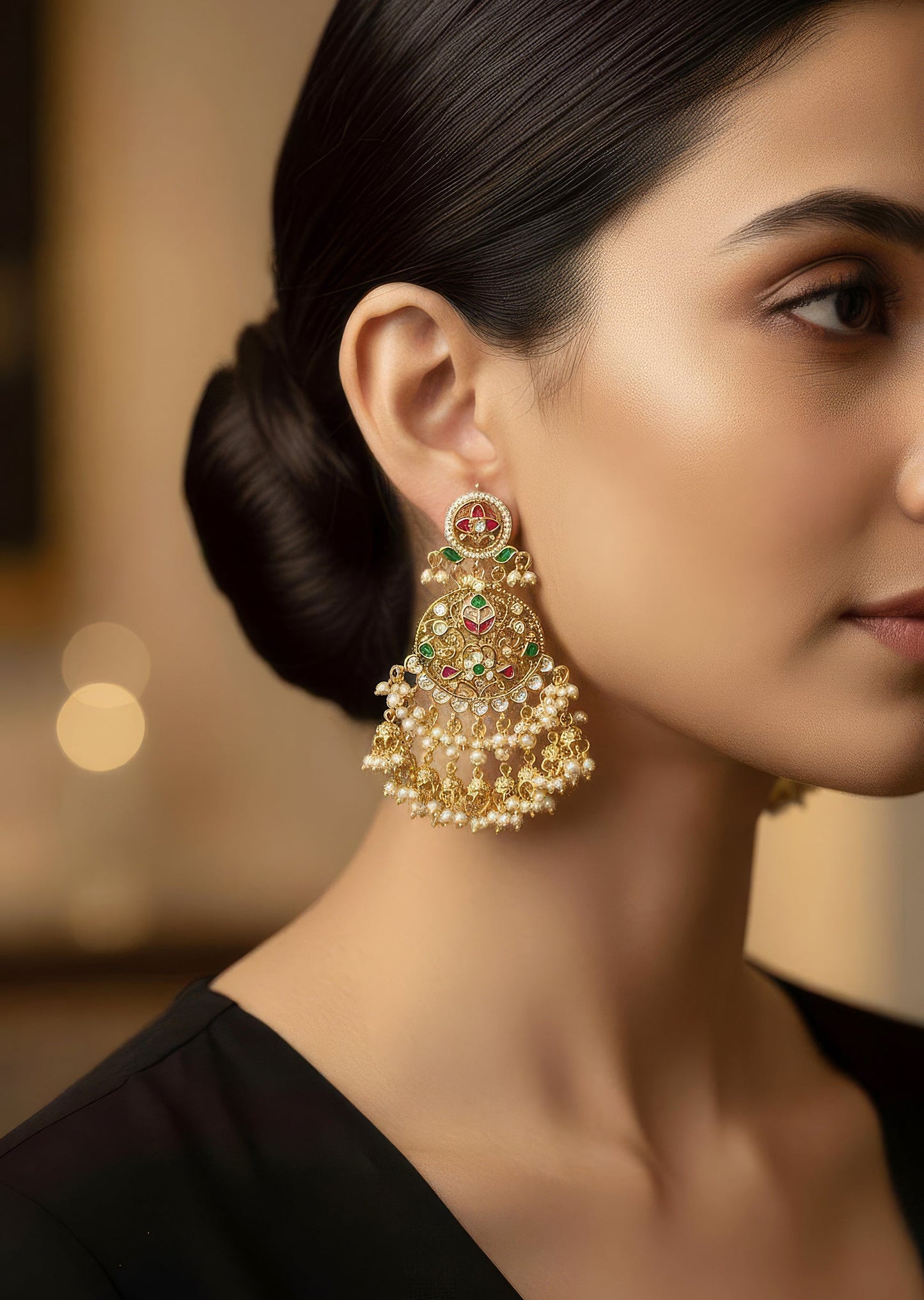 Gold Toned Earrings In Drop Style With Kundan And Multi Stone And Pearl Detailing