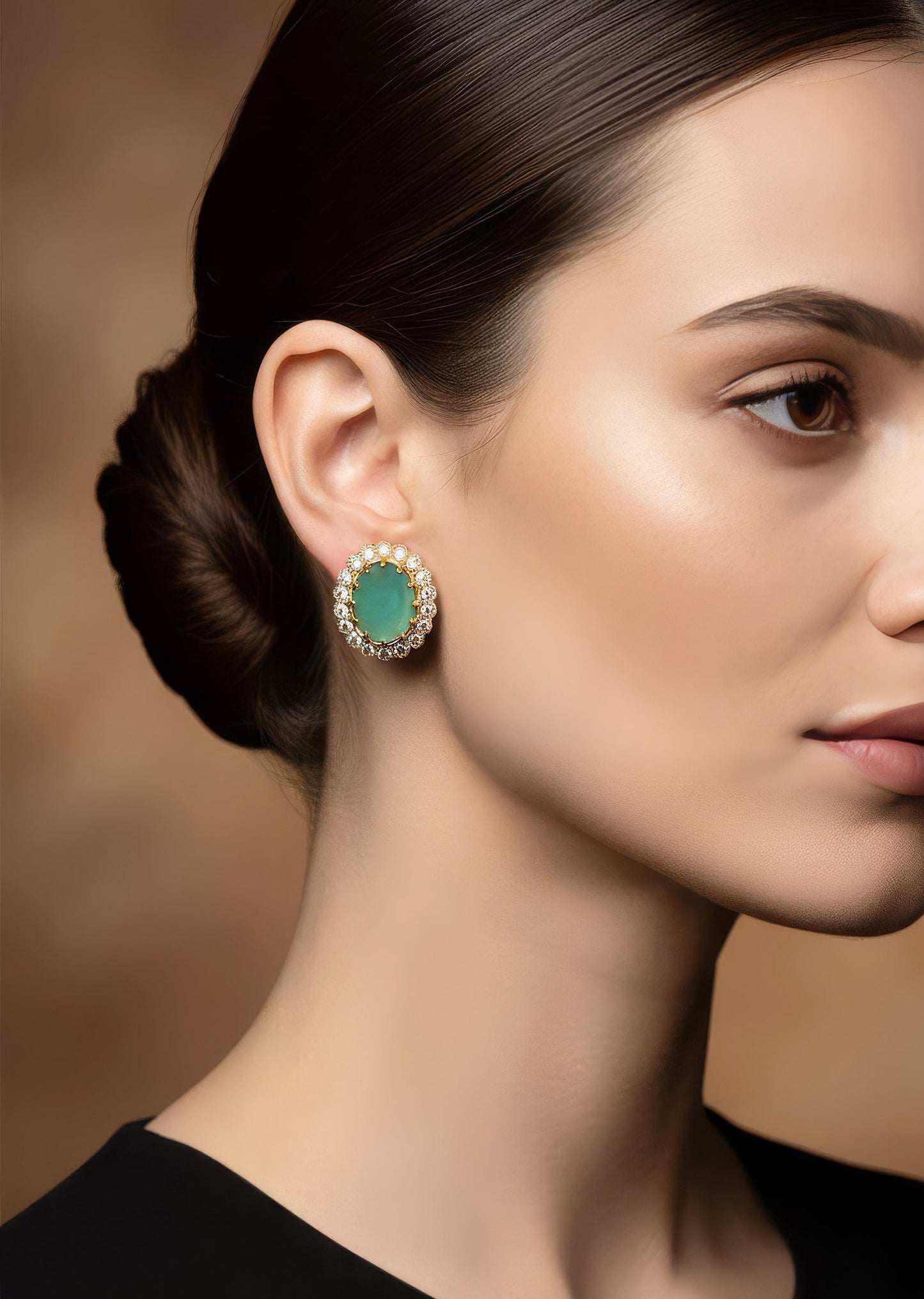 Gold Finish Statement Earrings With Green Stone And Cubic Zirconia Detailing