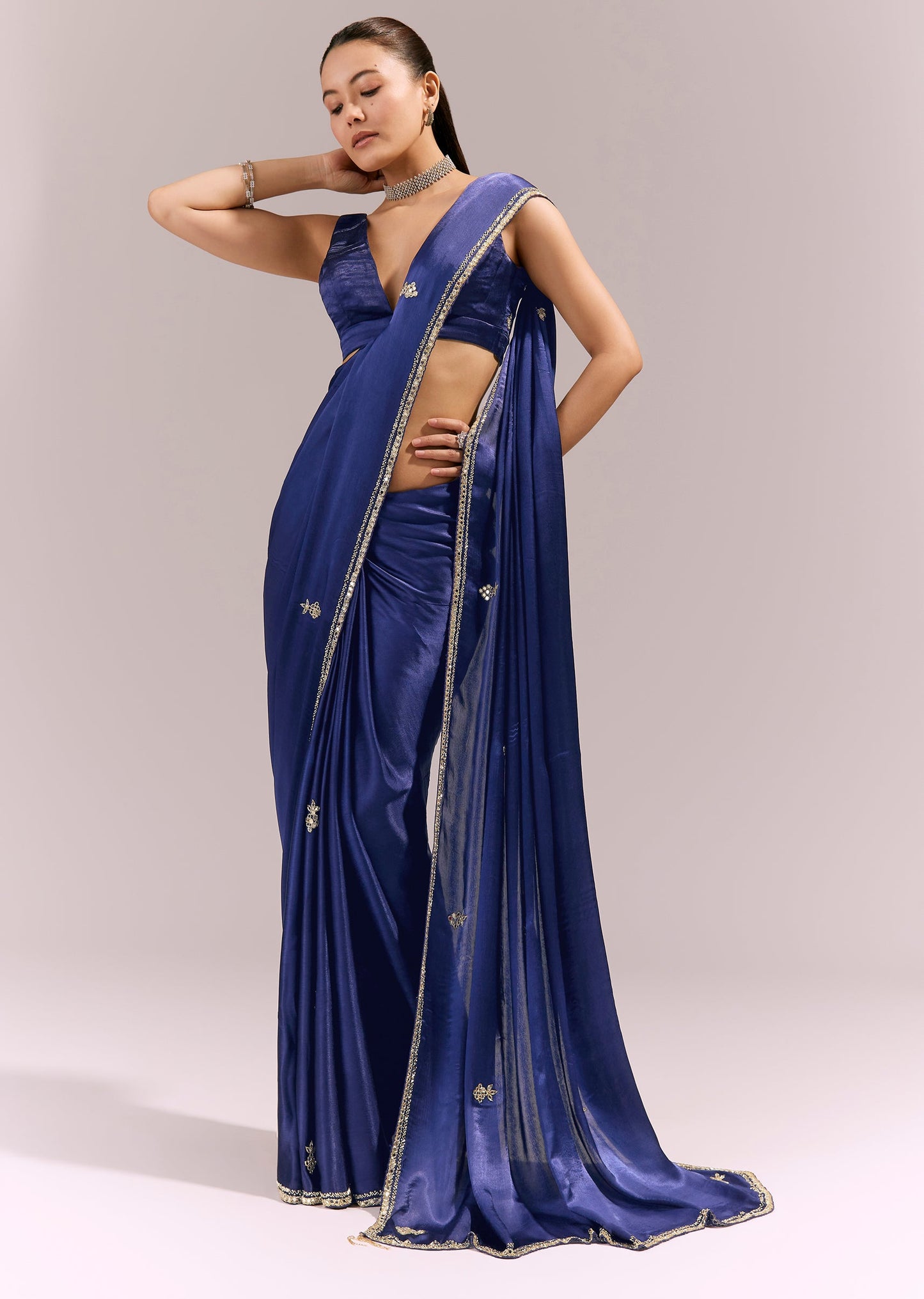 Navy Blue Satin Chinon Saree With Mirror And Bead Embroidered Border