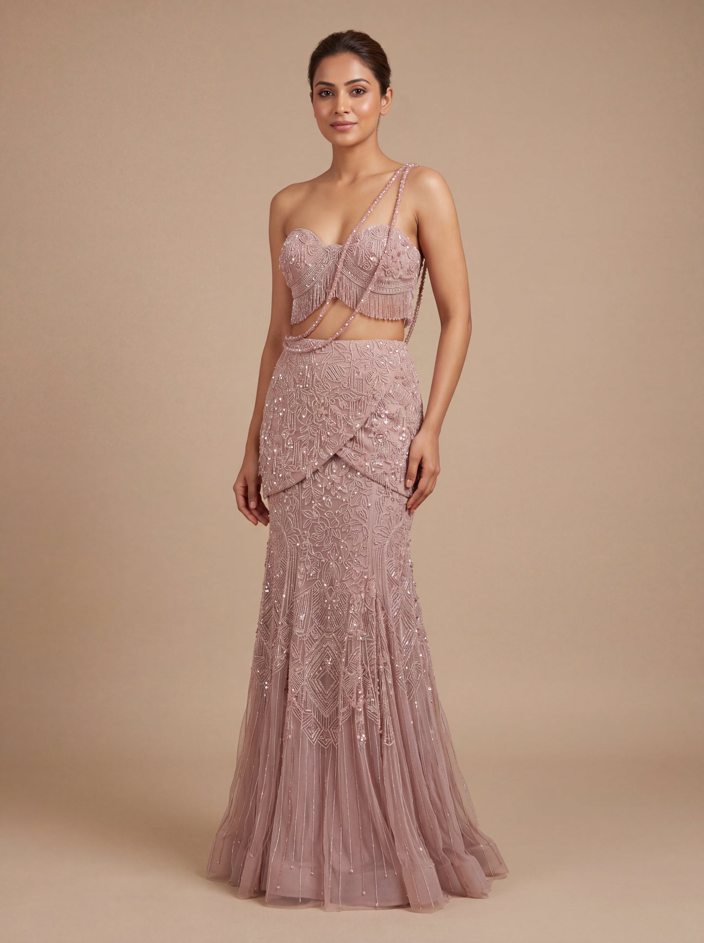 Mauve Contemporary Bridal Lehenga With Embellished Fitted Silhouette