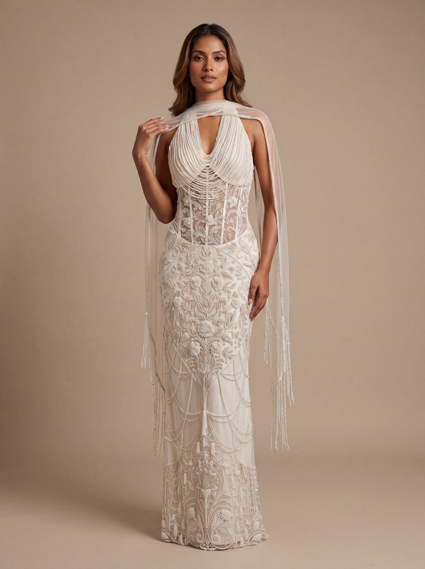 Off White Contemporary Bridal Lehenga With Backless Blouse Drape