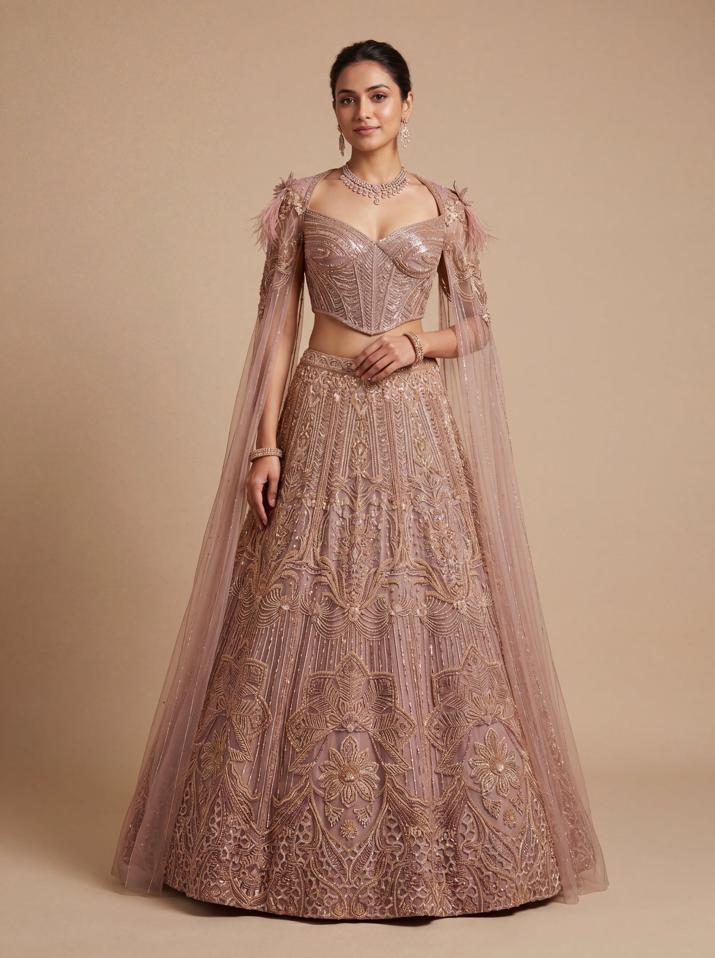Copper Gold Contemporary Bridal Lehenga With Glitter Flowing Flair