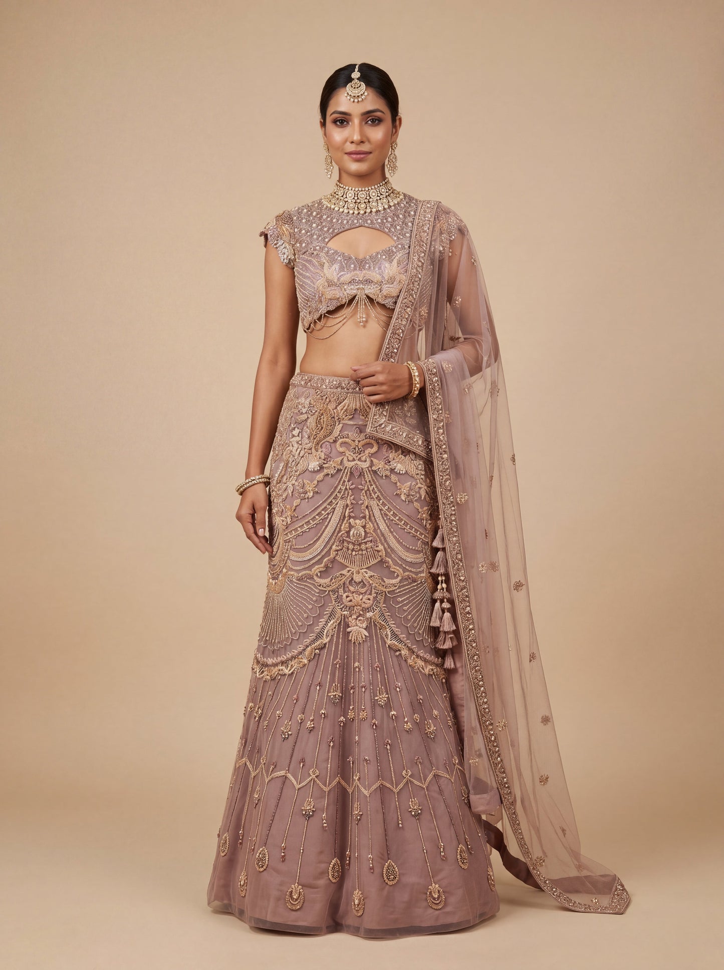 Copper Gold Contemporary Bridal Lehenga With Sequin Tassel Drama