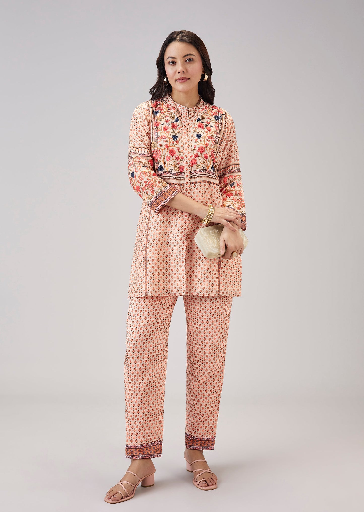 Peach Floral Co-ord Set With Cut Dana And Sequins Work