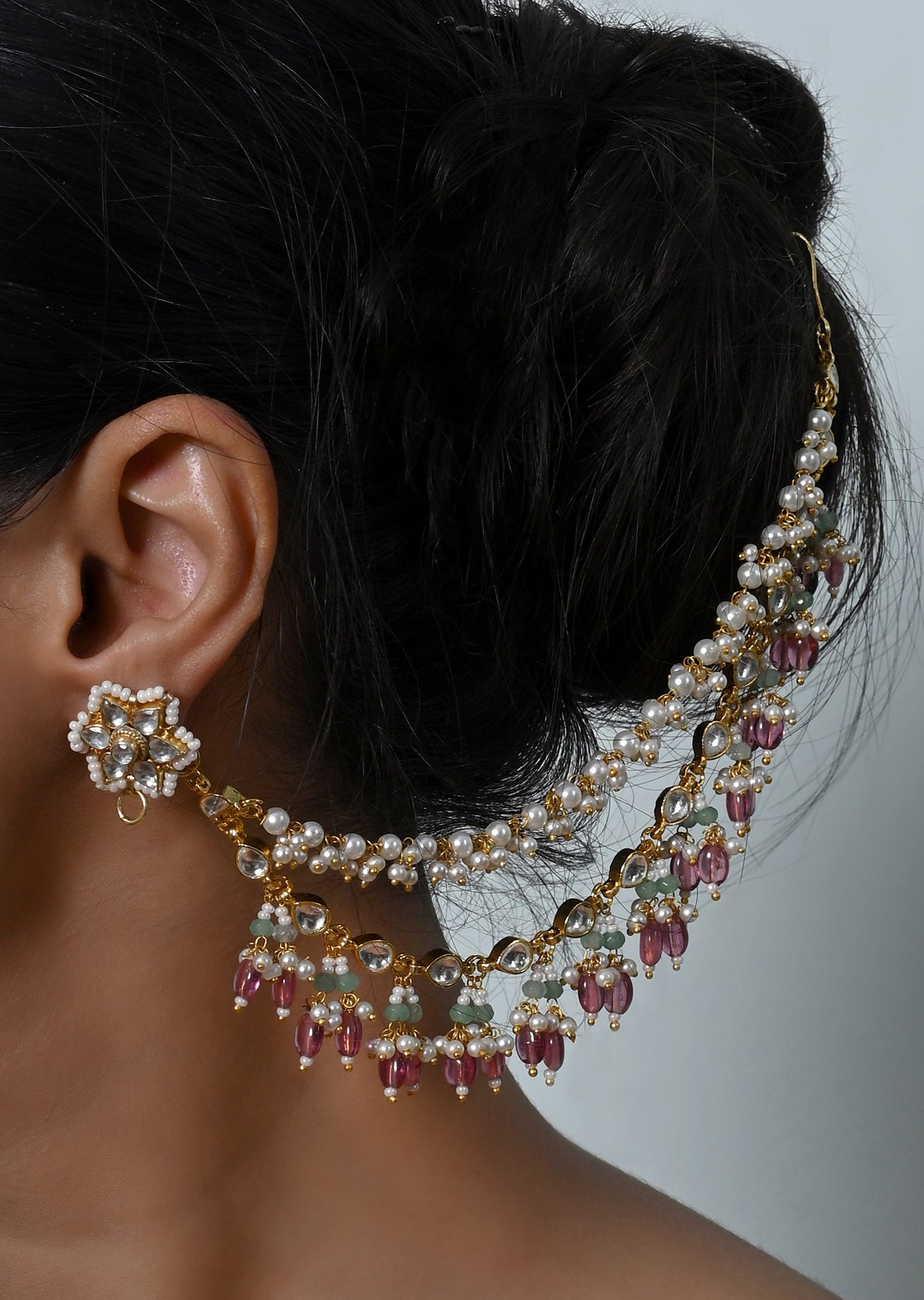 Ivory Jadau Kundan Ear Chain With SemiPrecious Stone Embellishments
