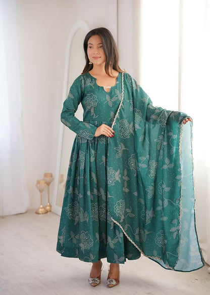 Teeya Creation New Trendy Stylish Elegant Teal Floral Print Cotton Anarkali Suit for Women