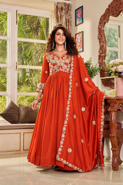 Teeya Creation Womens Casual Party Wear Heavy 5mm Sequence Embroidery Work Orange Gown Set