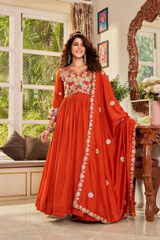 Teeya Creation Womens Casual Party Wear Heavy 5mm Sequence Embroidery Work Orange Gown Set