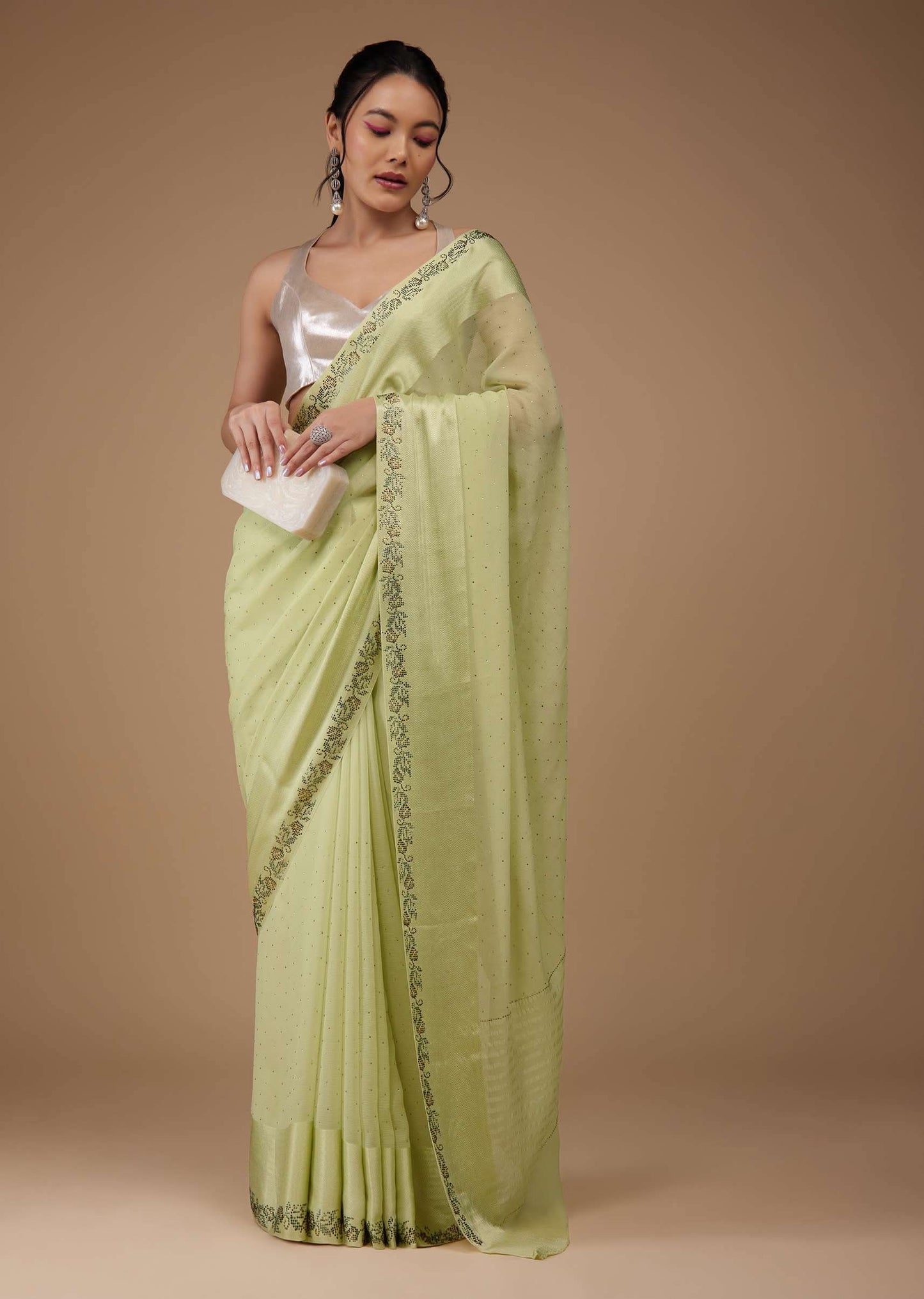 Lime Green Chiffon Saree With Stone Embellishments And Satin Border