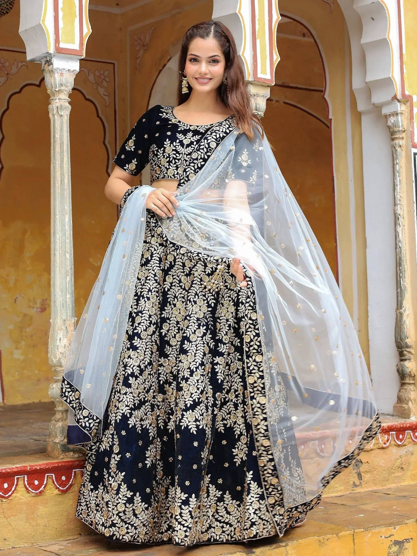 Tulsi Art Shocking Navy Blue Embroidered Velvet Function Wear Lehenga Choli