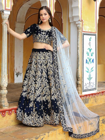 Tulsi Art Shocking Navy Blue Embroidered Velvet Function Wear Lehenga Choli