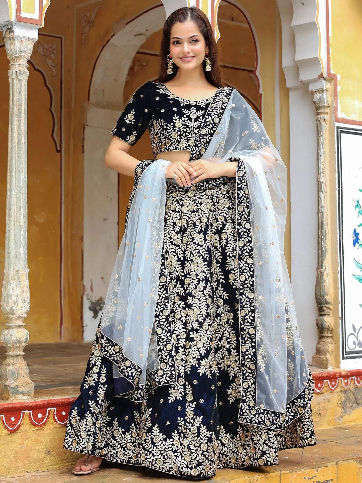 Tulsi Art Shocking Navy Blue Embroidered Velvet Function Wear Lehenga Choli