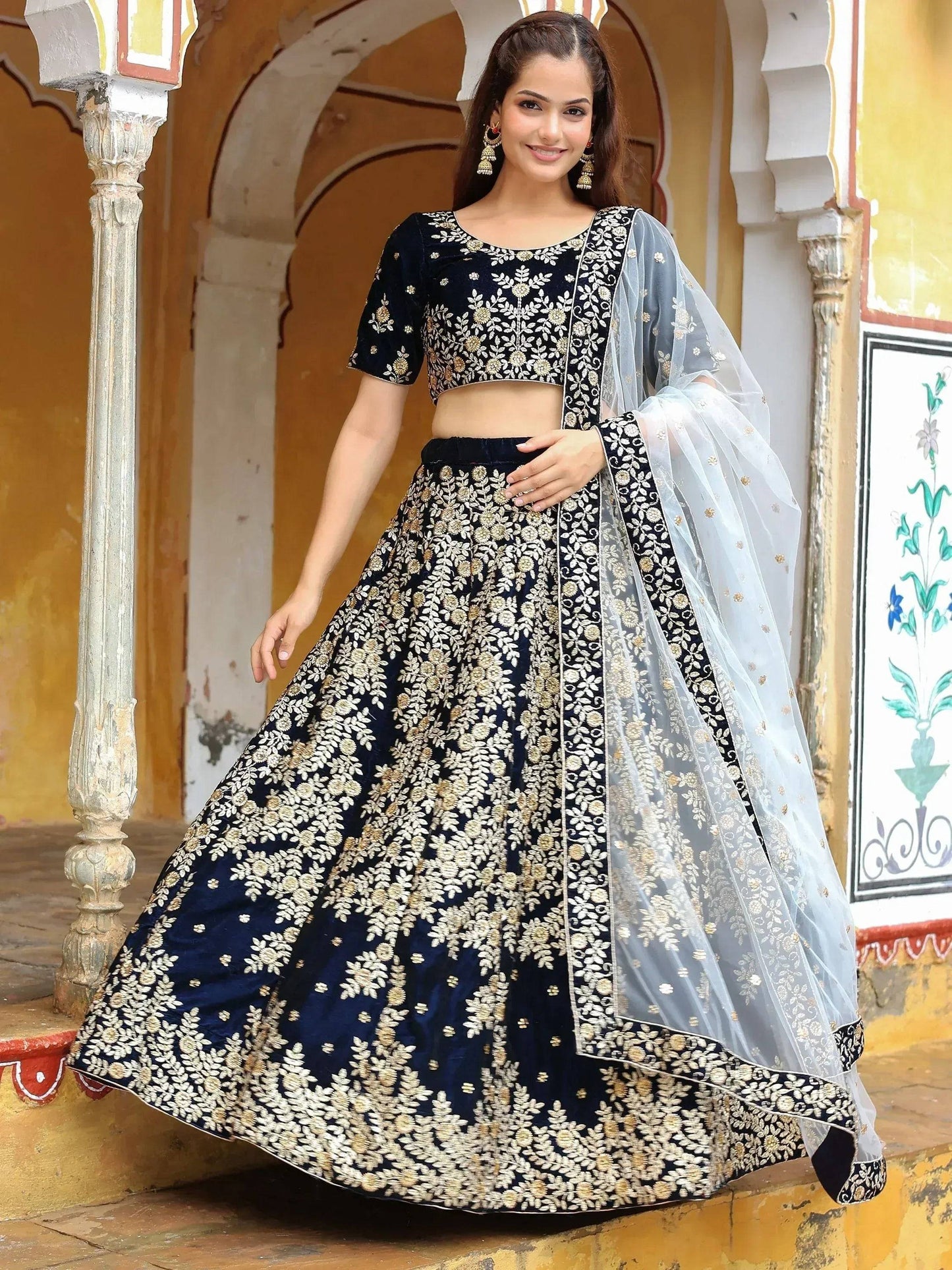 Tulsi Art Shocking Navy Blue Embroidered Velvet Function Wear Lehenga Choli