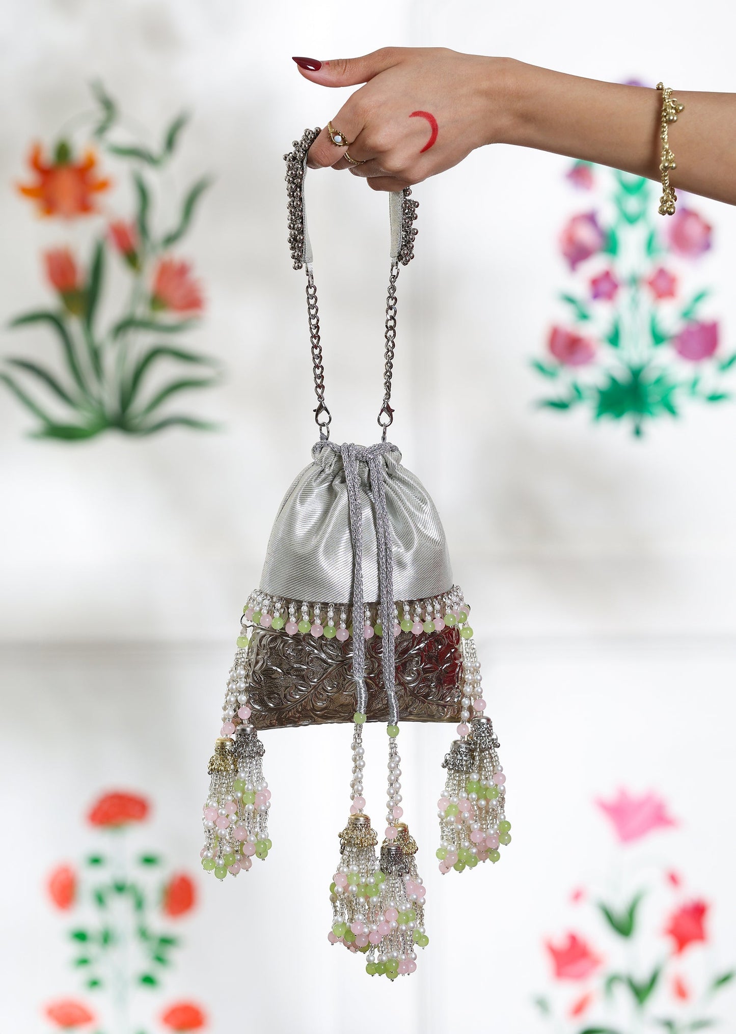 Silver Brocade Embellished Potli